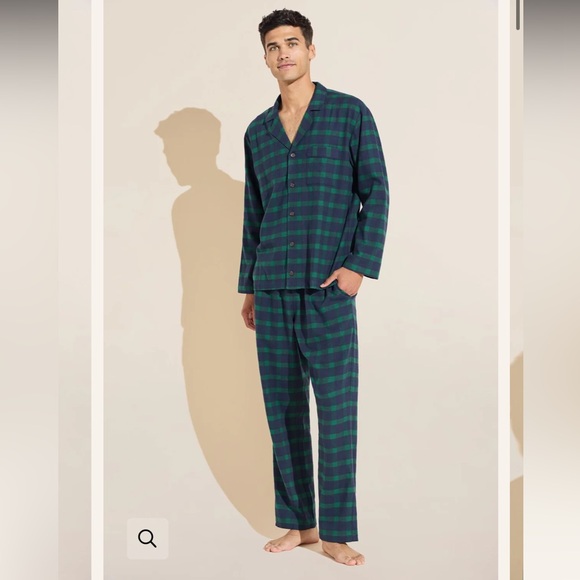 Eberjey Mens Flannel Long PJ Set Windowpane Plaid True Navy Sz.L - Picture 3 of 12